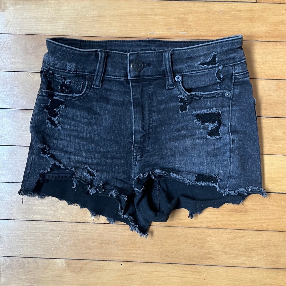 American Eagle Hi-Rise Shortie Black Distressed Denim Shorts Stretch 0 Y2k